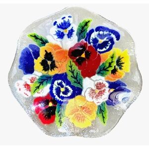 Peggy Karr Plate Floral Pansies Glass Dish Fluted Signed Red Blue Art 8 inch